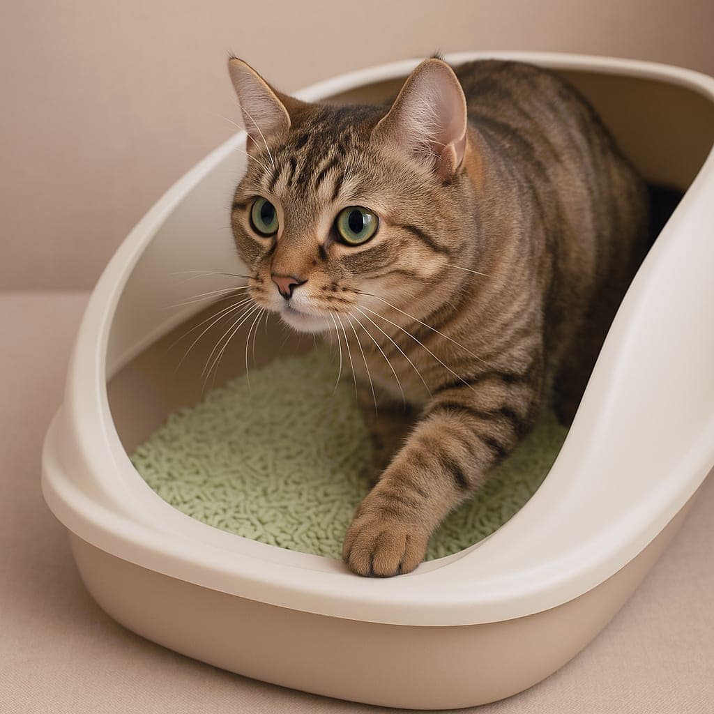 Soft cat litter tray with a cute tabby cat inside, eco-friendly and highly absorbent.