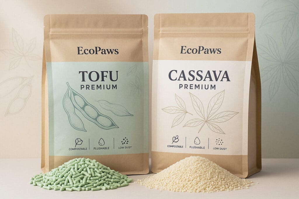 Eco-friendly cat litter products with soy and cassava ingredients for odor control and eco-conscious pet owners.