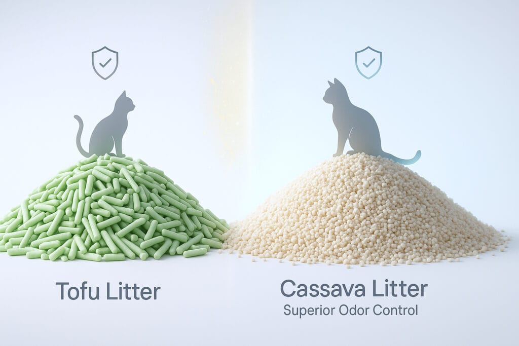 Eco-friendly cat litter comparison with tofu and cassava options, highlighting odor control and sustainability advantages.