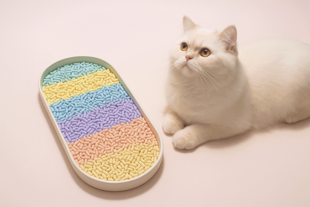 Colorful eco-friendly cat litter with a white cat resting nearby for hygiene and comfort.