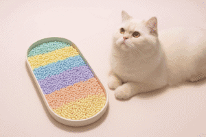 Colorful eco-friendly cat litter with a white cat resting nearby for hygiene and comfort.