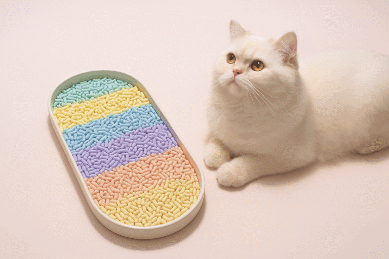 Colorful eco-friendly cat litter with a white cat resting nearby for hygiene and comfort.