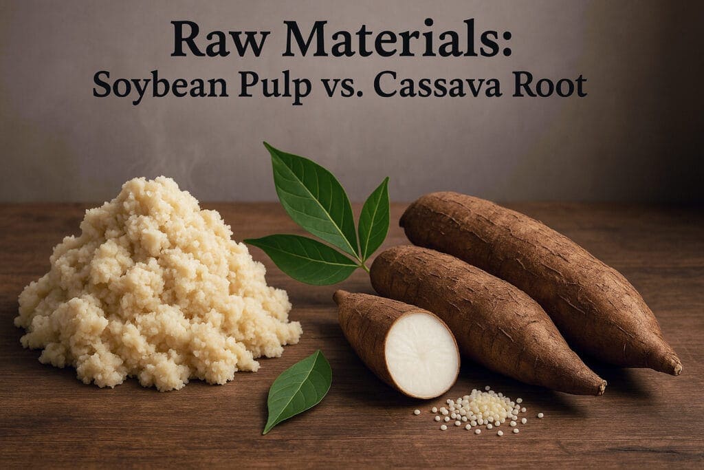 Natural soy pulp and cassava root for eco-friendly cat litter ingredients.
