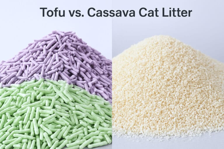 Colorful cat litter comparison with tofu and cassava ingredients.