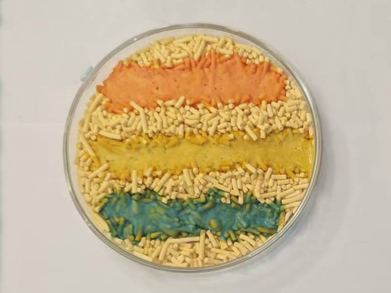 Colorful rainbow cat litter with biodegradable pellets and eco-friendly materials.