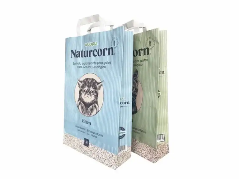 Natural cat litter packaging, eco-friendly biodegradable materials, premium quality, sustainable pet care.