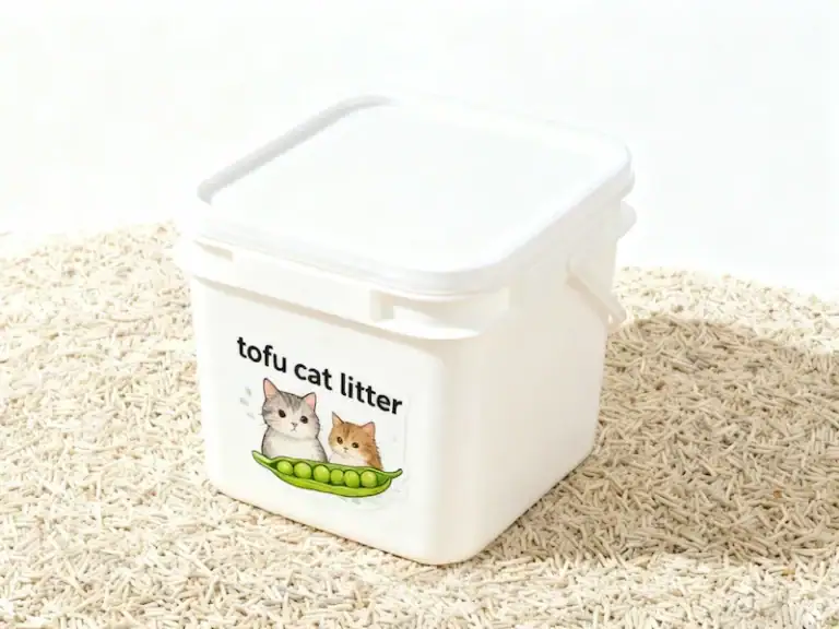 Soft white tofu cat litter box on a bed of light-colored cat litter.