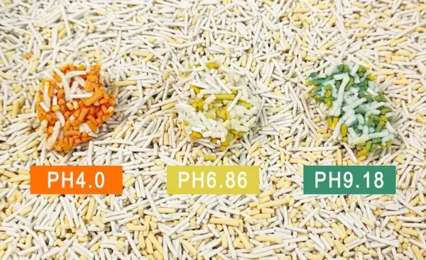 A blend of tofu cat litter with colorful pH monitoring pellets, a value-added private label solution that allows cat owners to track urinary health.