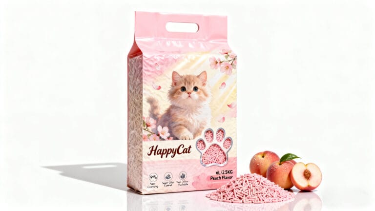 Elegant vacuum-packed private label tofu cat litter with natural peach scent – the perfect hero image for brands launching their own eco-friendly tofu litter line