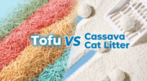 Split screen comparing texture of tofu vs cassava cat litter for B2B buyers