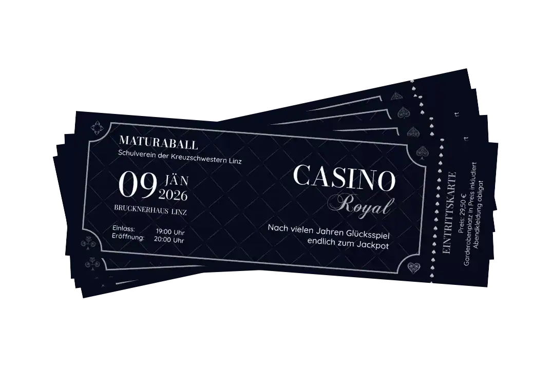 Eintrittskarten-Design für den Maturaball der Kreuzschwestern Linz im Casino-Royal-Motto – Druck von PROM Studios