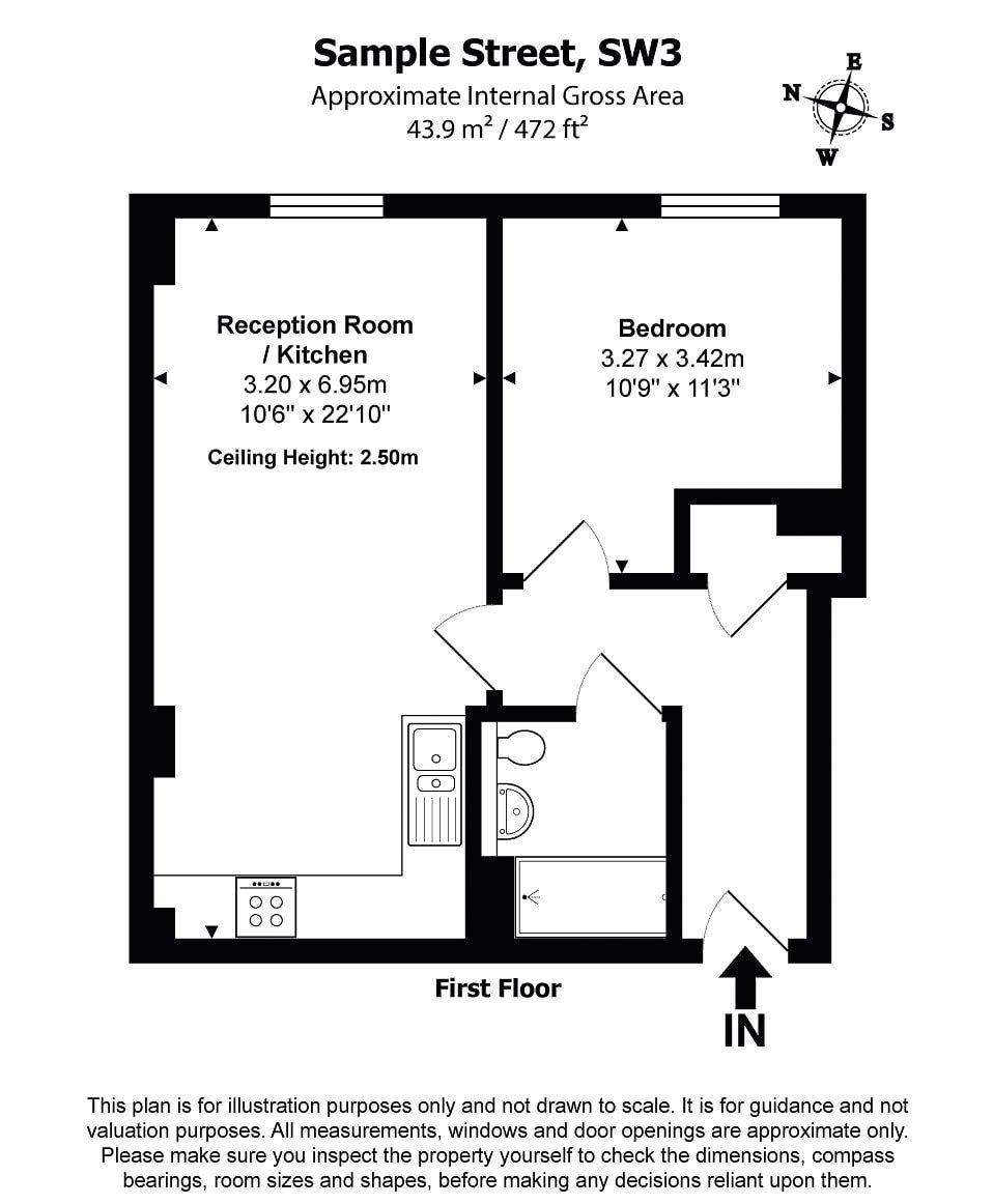 Modern one-bedroom apartment floor plan with reception room and kitchen.