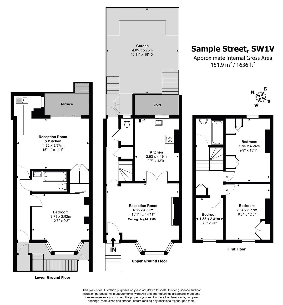A spacious multi-storey property floor plan with garden, terrace, and multiple bedrooms.