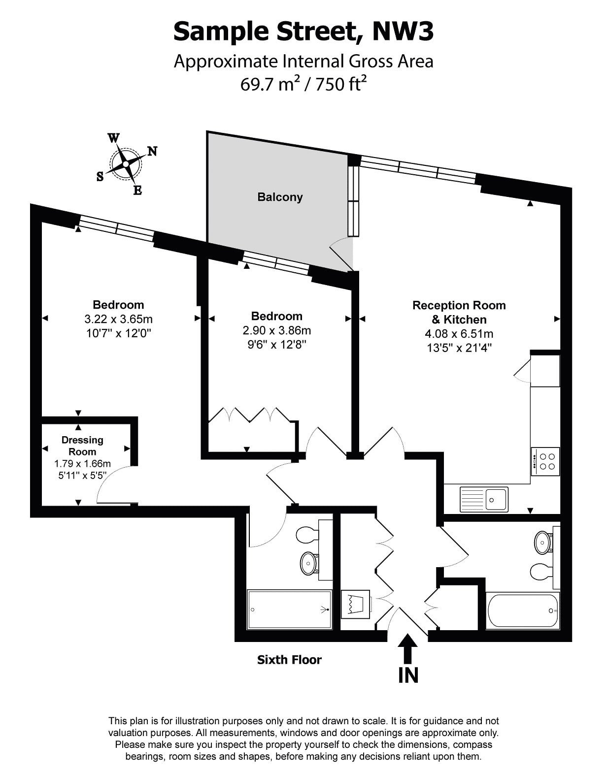 Modern two-bedroom apartment floor plan with balcony and open-plan living area.