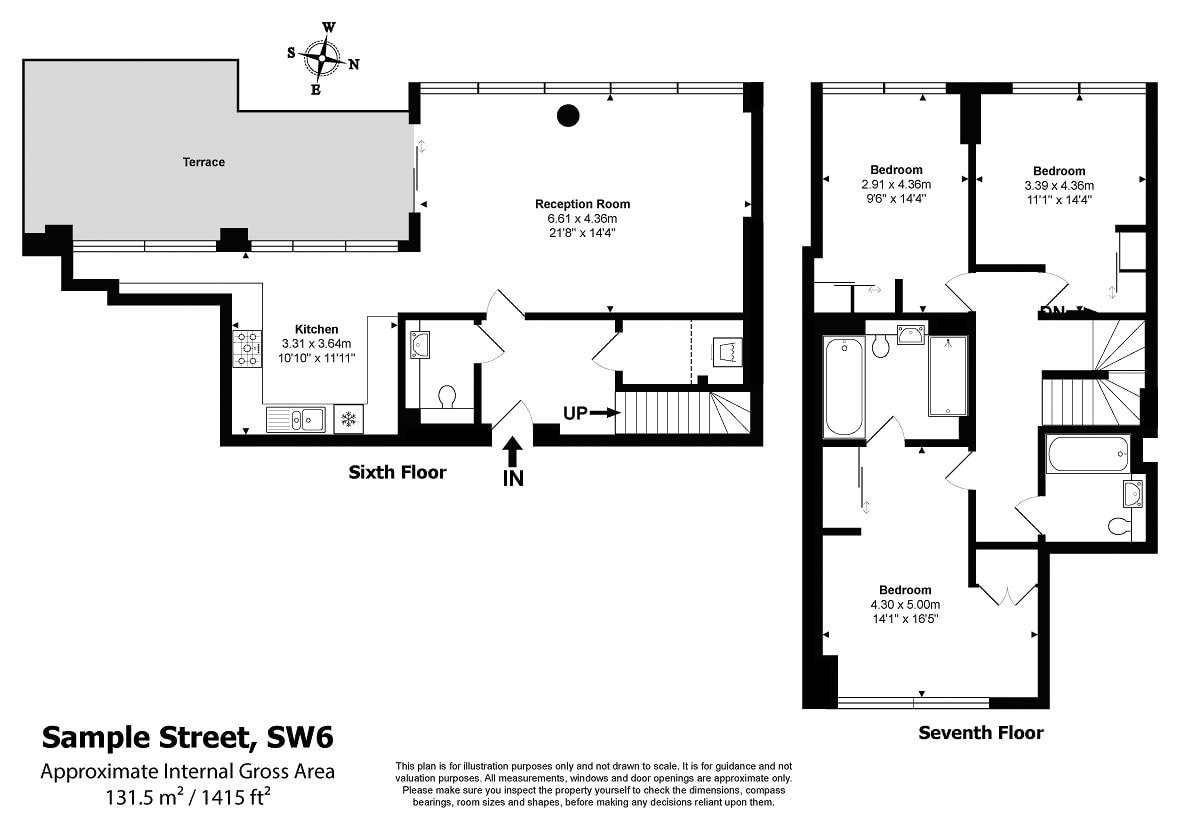 Spacious two-storey apartment floor plan with terrace, reception, kitchen, and bedrooms.