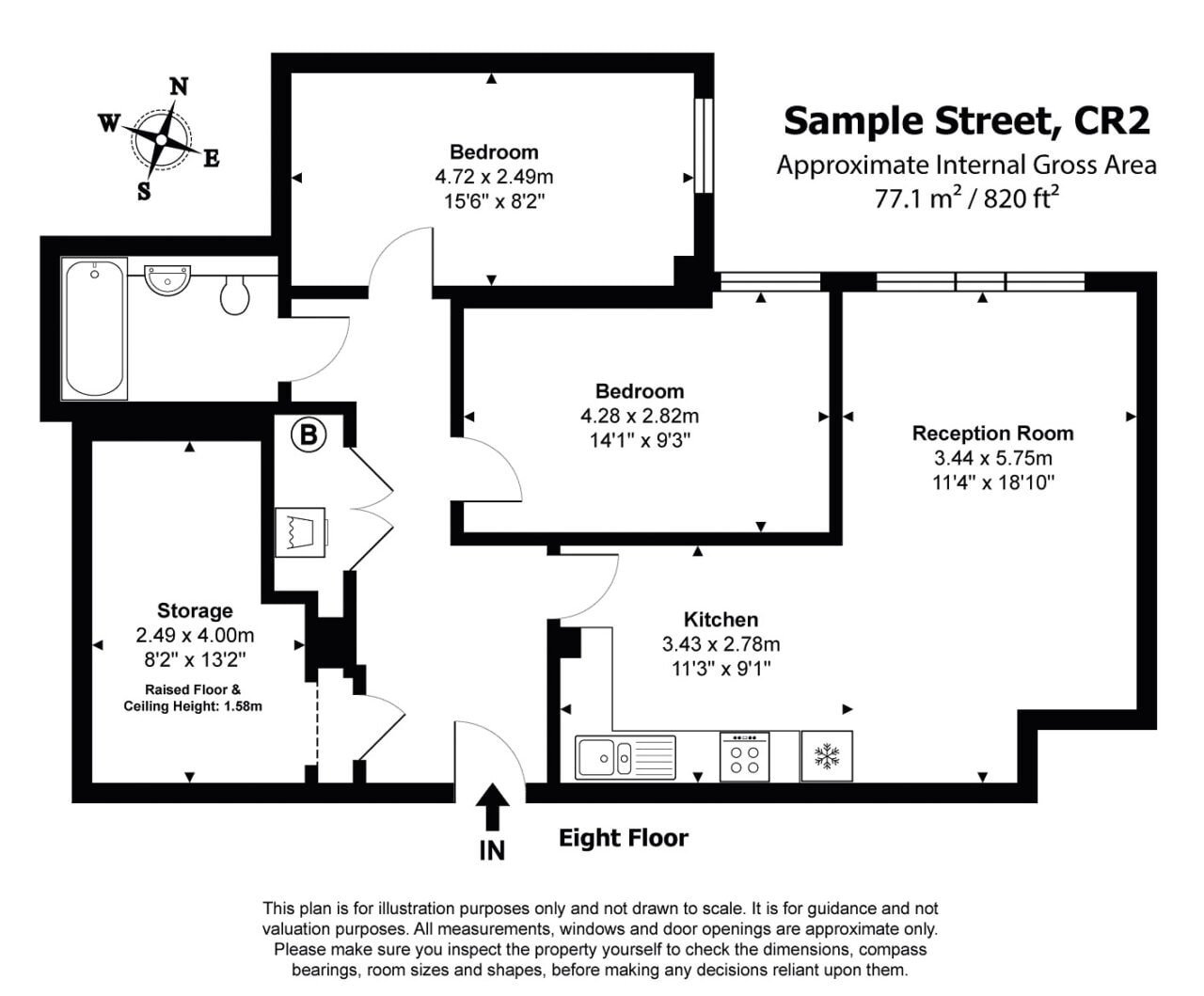 Modern two-bedroom apartment floor plan with kitchen, storage, and reception room.
