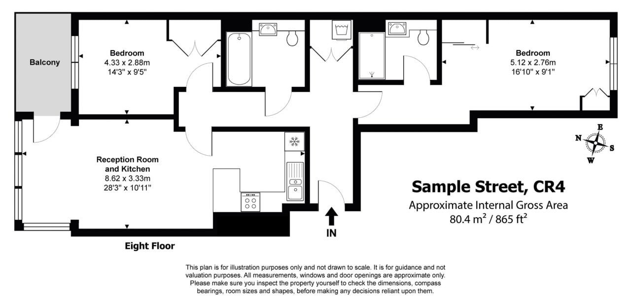Modern apartment floor plan with two bedrooms, reception area, and balcony.