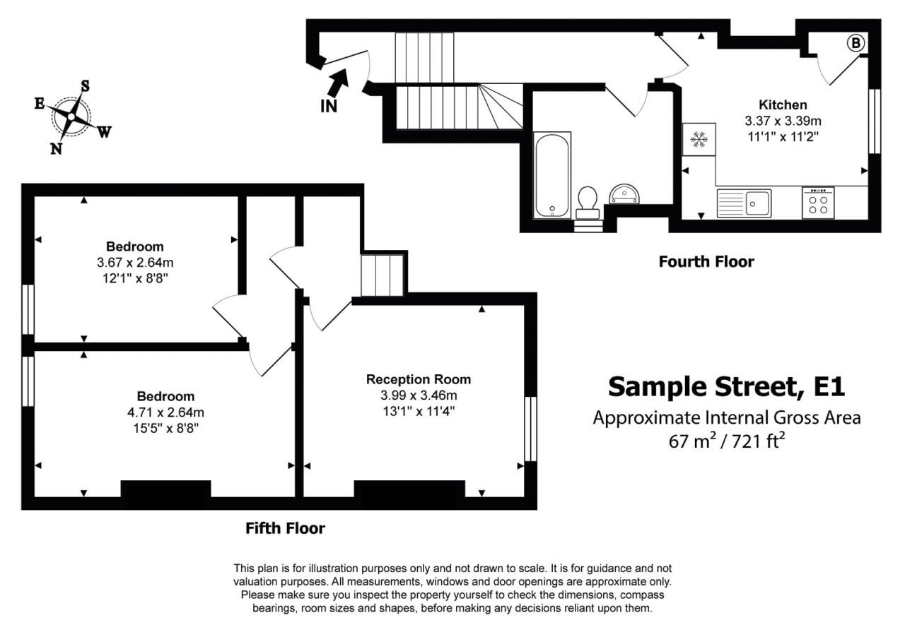 Spacious two-bedroom apartment floor plan with reception room and modern kitchen in London.