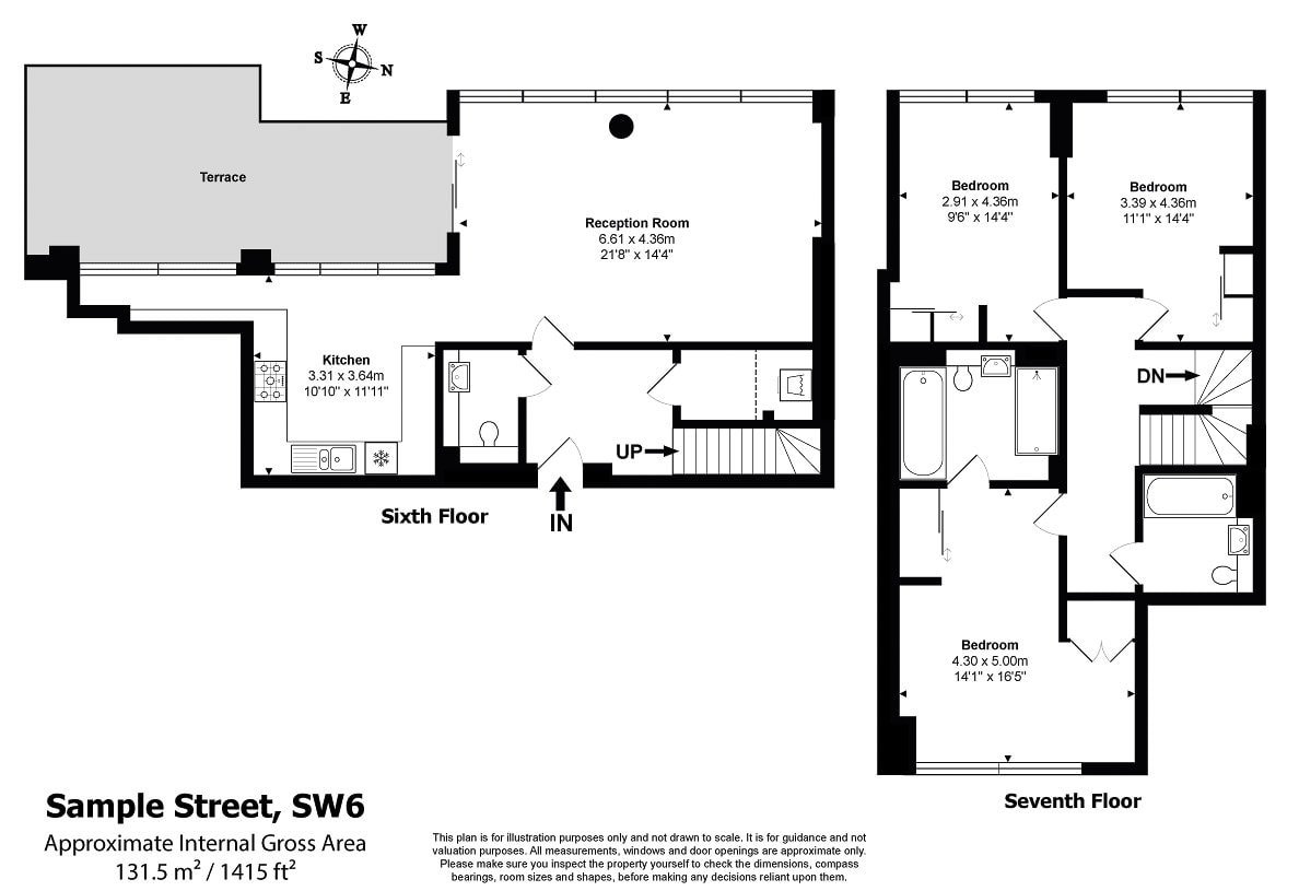 A spacious two-storey residential property floor plan with terrace, reception, kitchen, and bedrooms.