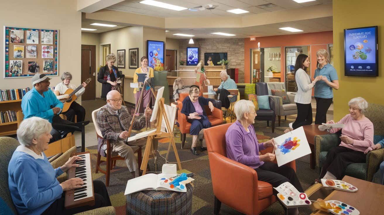 A vibrant senior daycare center with elderly individuals participating in various activities. Some are painting, others are playing musical instruments, and a few are engaged in conversation.