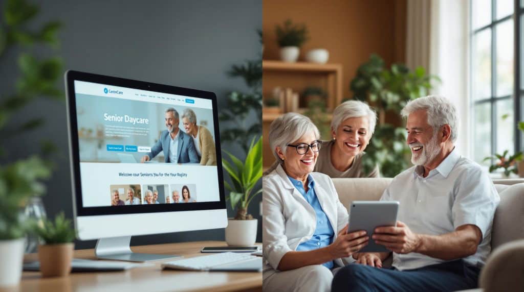 Split-screen image showing senior care services. Left side displays a desktop computer monitor showing a 'Senior Daycare' website homepage with a clean, professional design. Right side shows three seniors sitting together on a couch, smiling while looking at a tablet device.