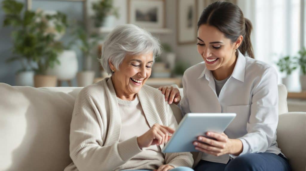 A caregiver or healthcare professional in a white shirt sits beside an elderly woman in a cream sweater on a comfortable couch.
