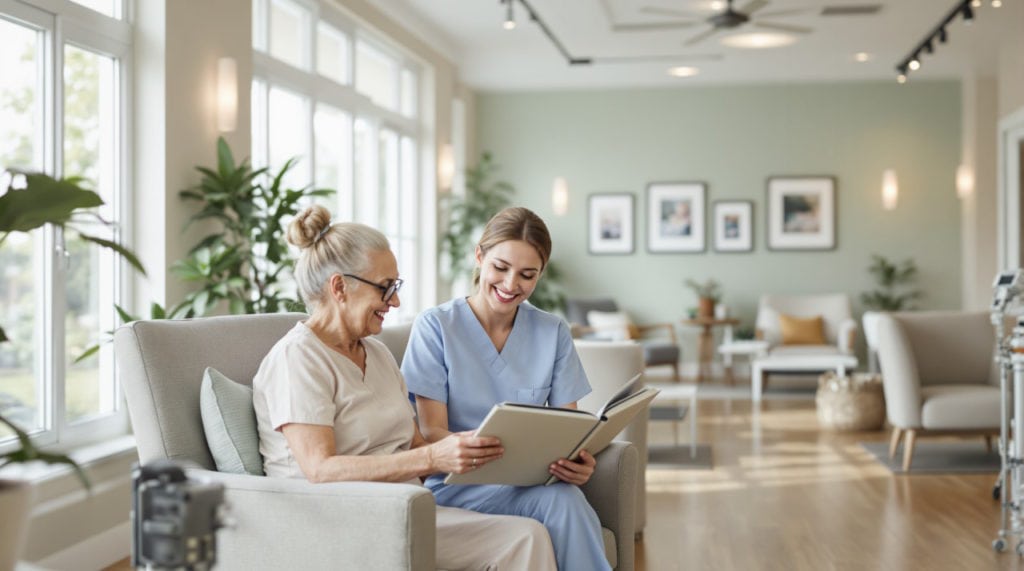 A warm, well-lit senior daycare setting, a caregiver interacting with a senior)