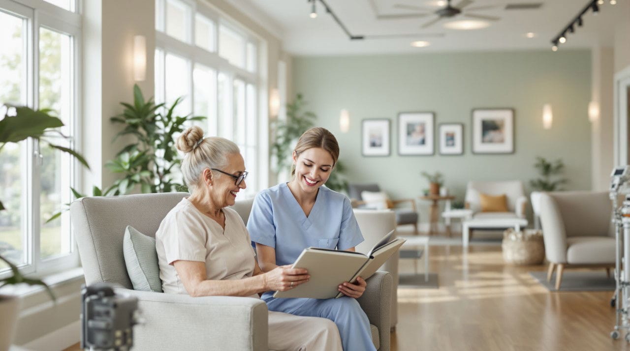 A warm, well-lit senior daycare setting, a caregiver interacting with a senior)