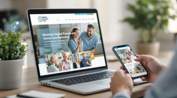 Maximizing Your Digital Presence in Senior Care Marketing - professional viewing a senior care website on multiple devices