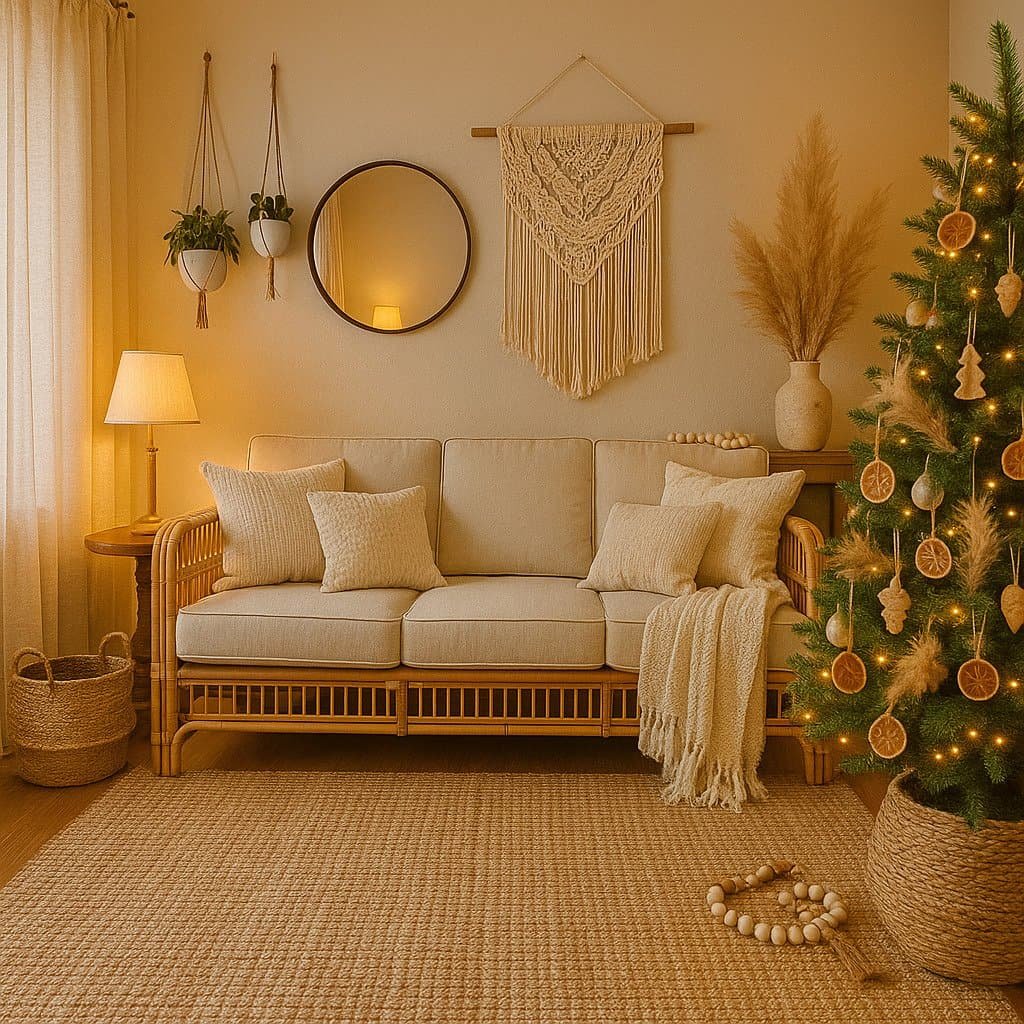 Cozy boho living room with tree reflecting purely home vibe