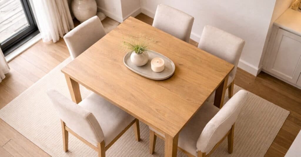 A beautifully arranged modern dining centerpiece featuring fresh flowers and candles.