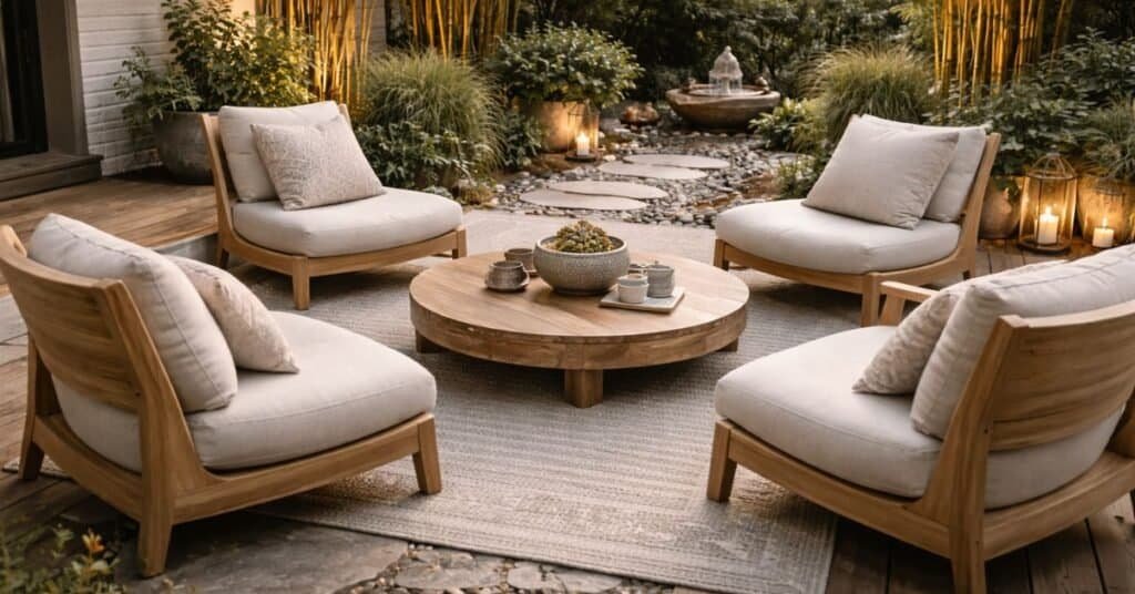 Visual representation of outdoor seating arrangement ideas for patios and backyards.
