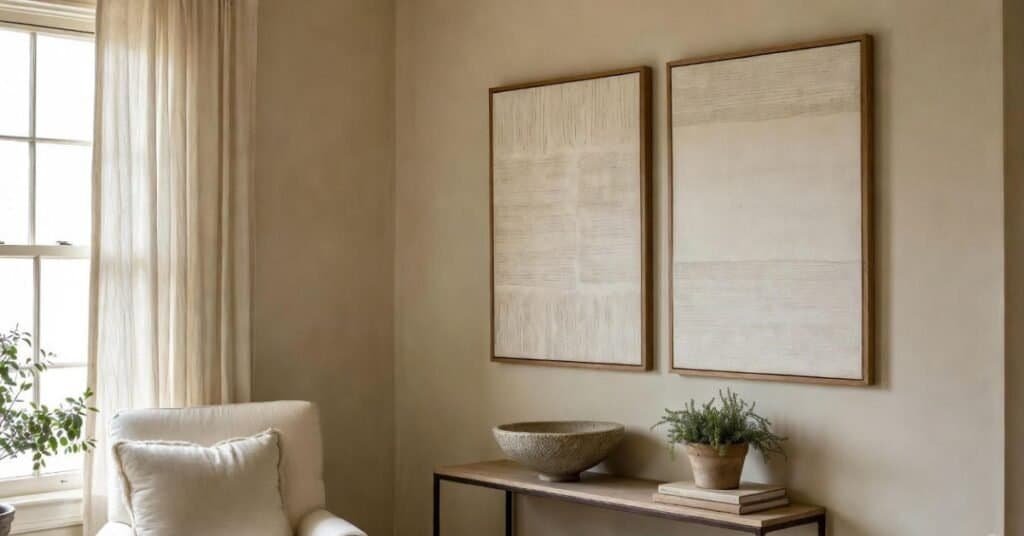 A beautifully styled neutral palette living room with cozy decor.