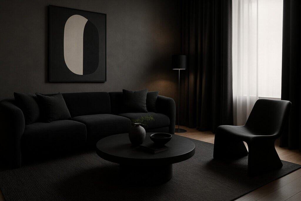 Minimalist dark living room with elegance.