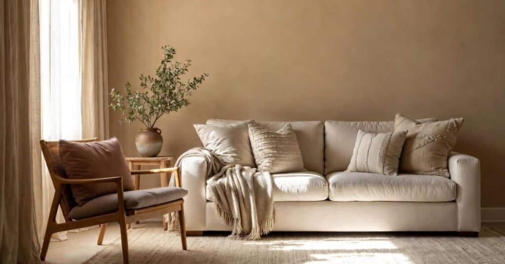 A serene living room featuring a neutral palette, perfect for cozy relaxation.
