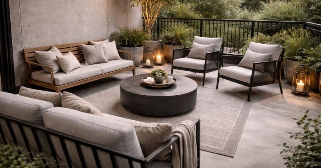 A cozy outdoor seating arrangement ideas featuring cushions and plants.