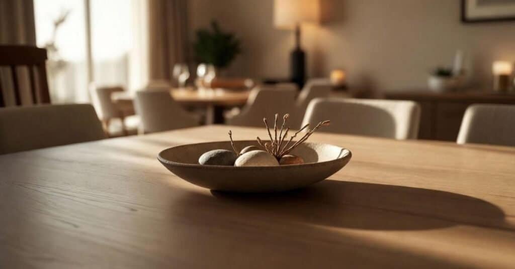 A beautifully arranged modern dining centerpiece featuring flowers and candles.