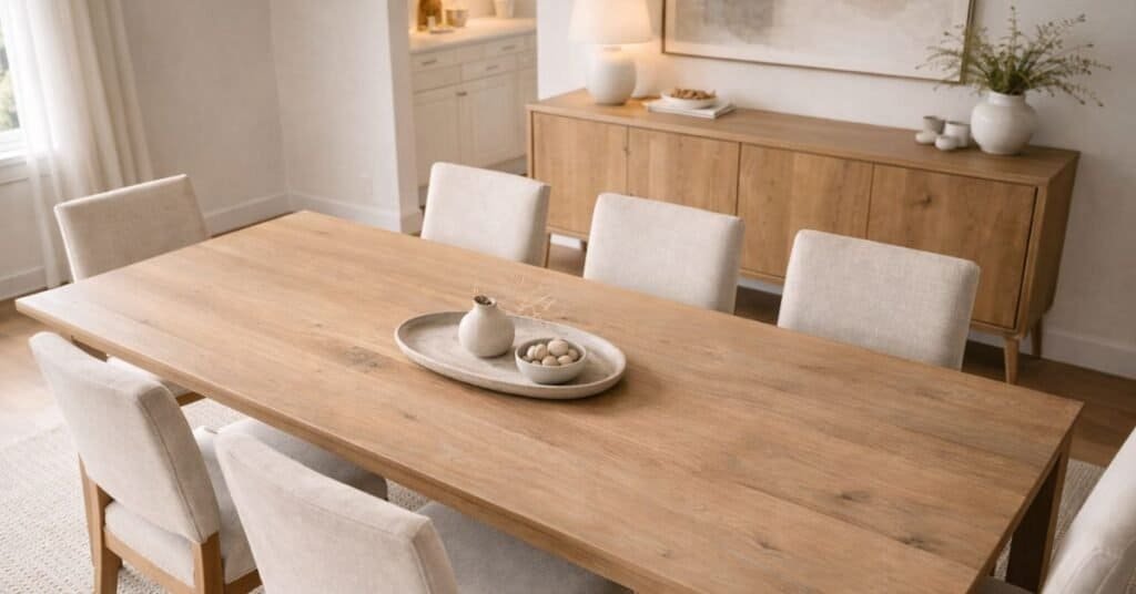 A beautiful modern dining centerpiece featuring fresh flowers and elegant decor.