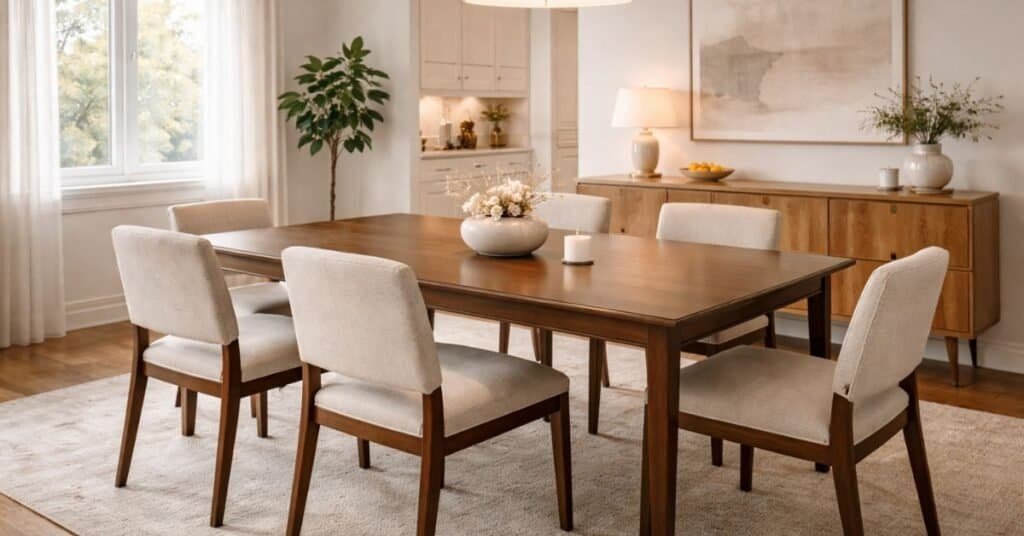 A beautifully arranged modern dining centerpiece featuring fresh flowers and candles.