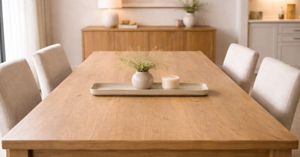 A modern dining centerpiece featuring elegant floral arrangements and decorative elements.