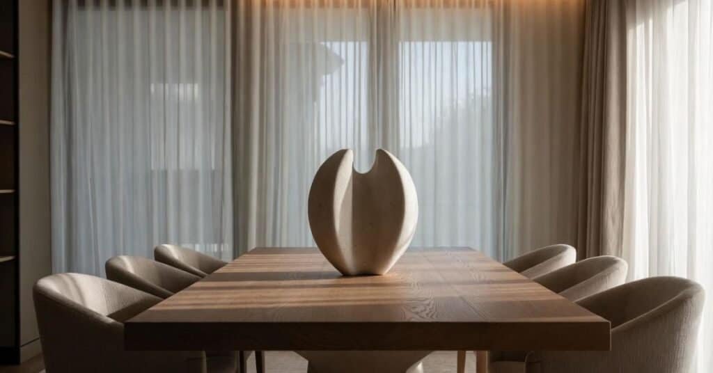 A modern dining centerpiece featuring stylish floral arrangements and elegant tableware.