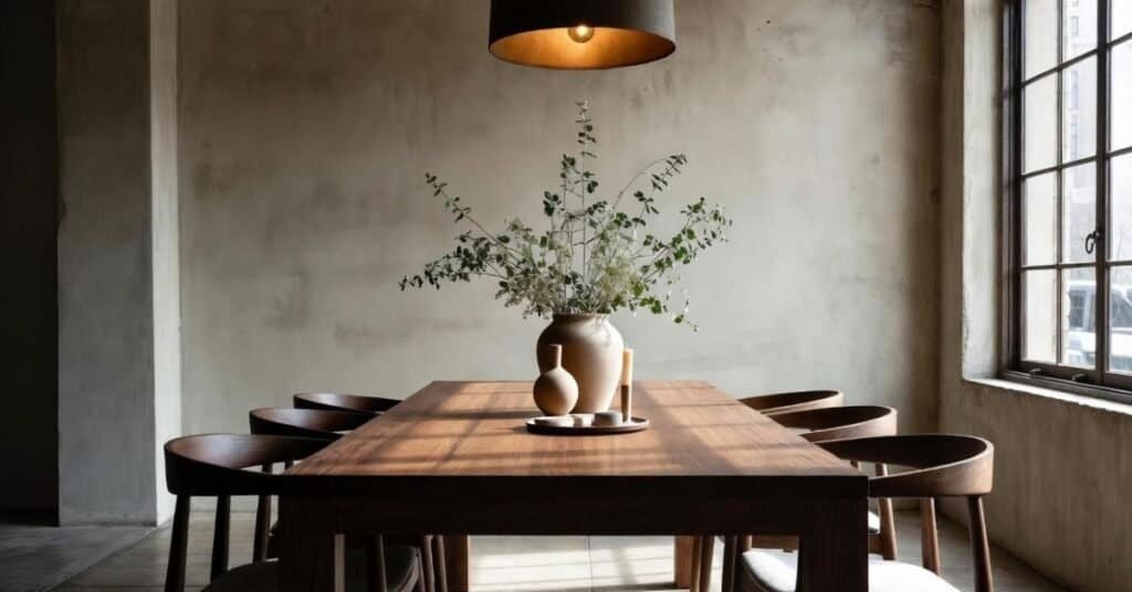 A beautifully arranged modern dining centerpiece featuring elegant flowers and candles.