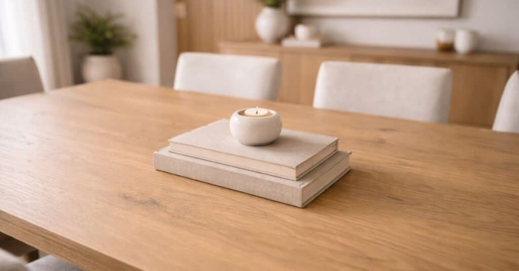 A beautiful modern dining centerpiece featuring elegant flowers and candles.