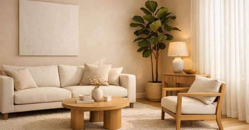 Modern neutral palette living room with a shaped corner warm beige and cream tones