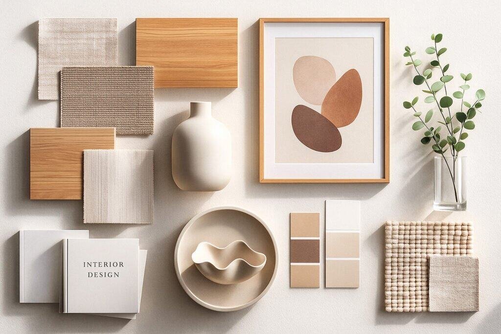 Neutral tones and textured design elements.