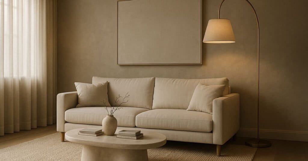 A cozy neutral palette living room featuring soft textures and warm lighting