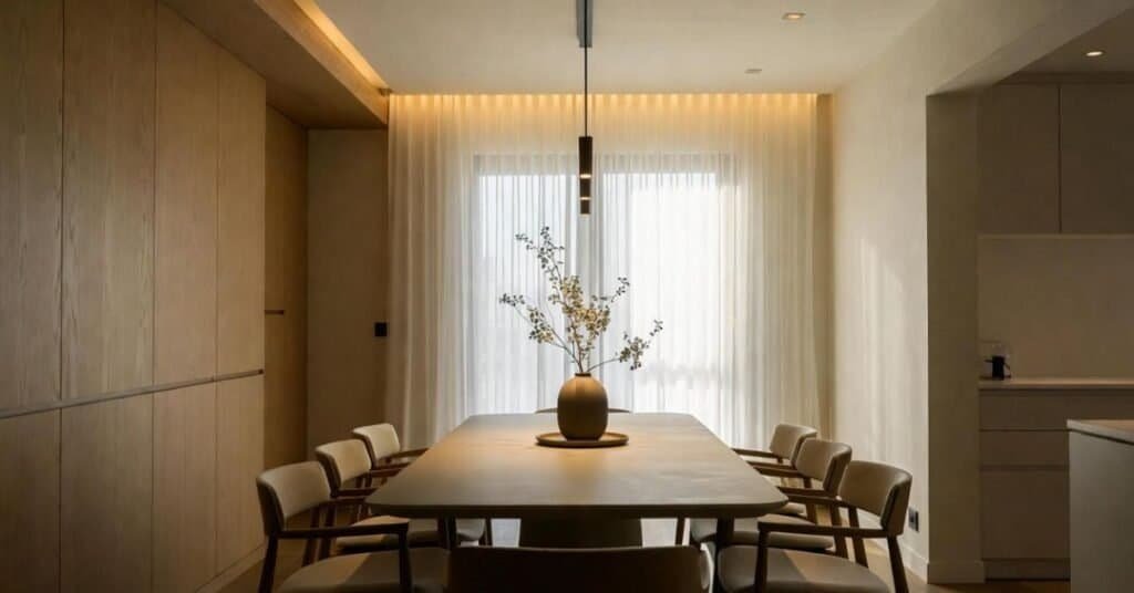 A beautifully arranged modern dining centerpiece featuring candles and flowers.