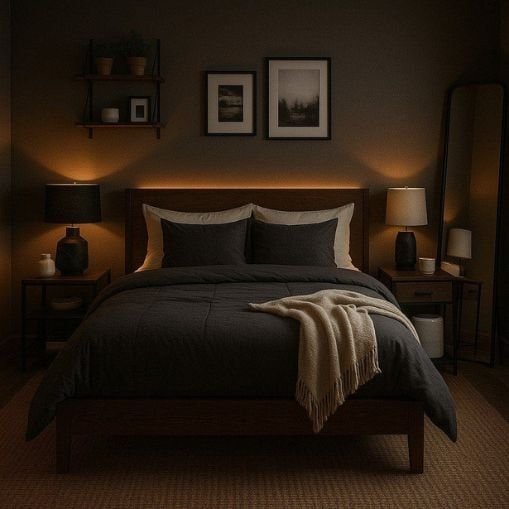 Cozy dark-themed bedroom with warm lighting