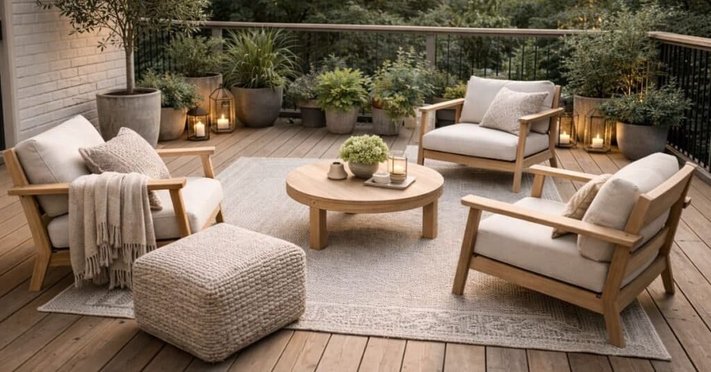A cozy outdoor seating arrangement ideas for a patio with chairs and a table.