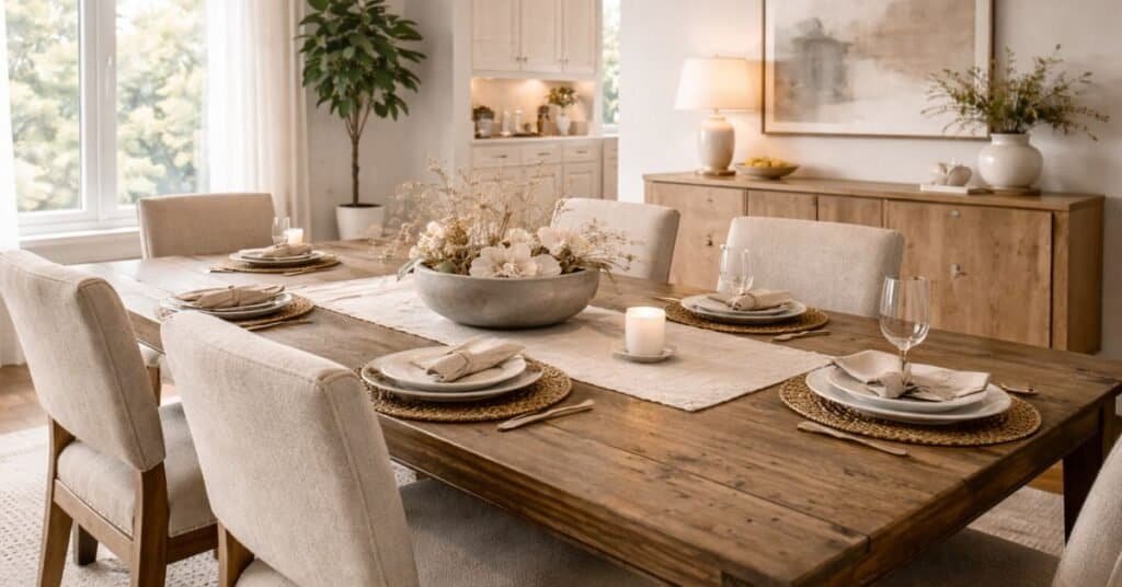 A beautifully arranged modern dining centerpiece featuring elegant floral elements.